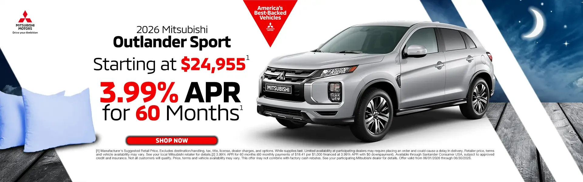 2026 Mitsubishi Outlander Sport starting at $24,955 with 3.99 percent financing for 60 months.